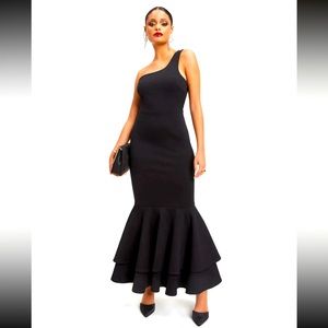 ARIELLA ONE SHOULDER TIERED TRUMPET MAXI DRESS - BLACK, Large